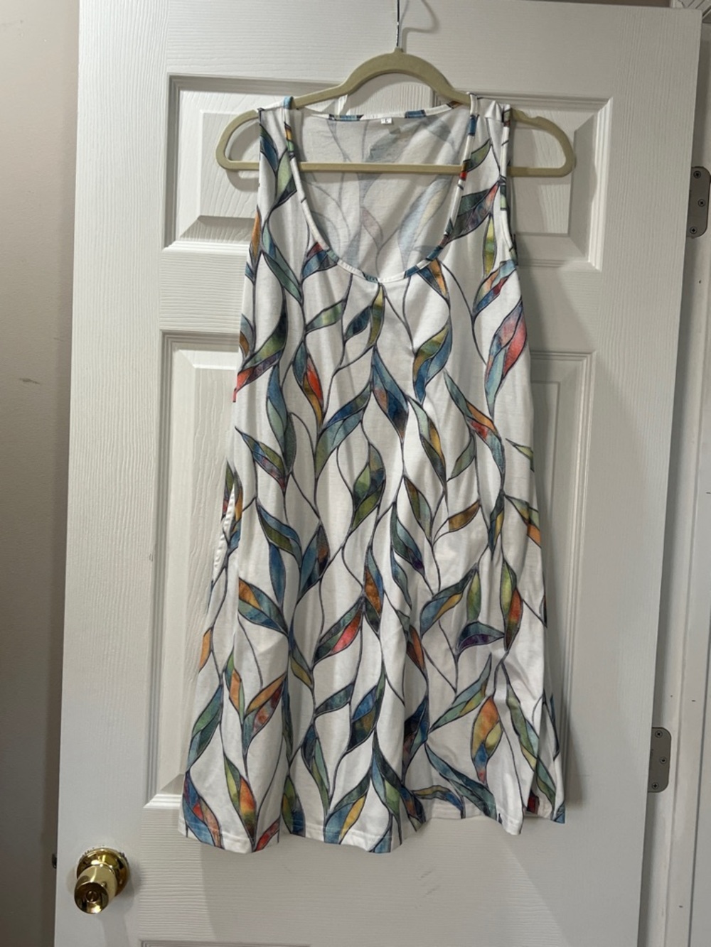 White Tank Dress with Multicolor Leaf Print